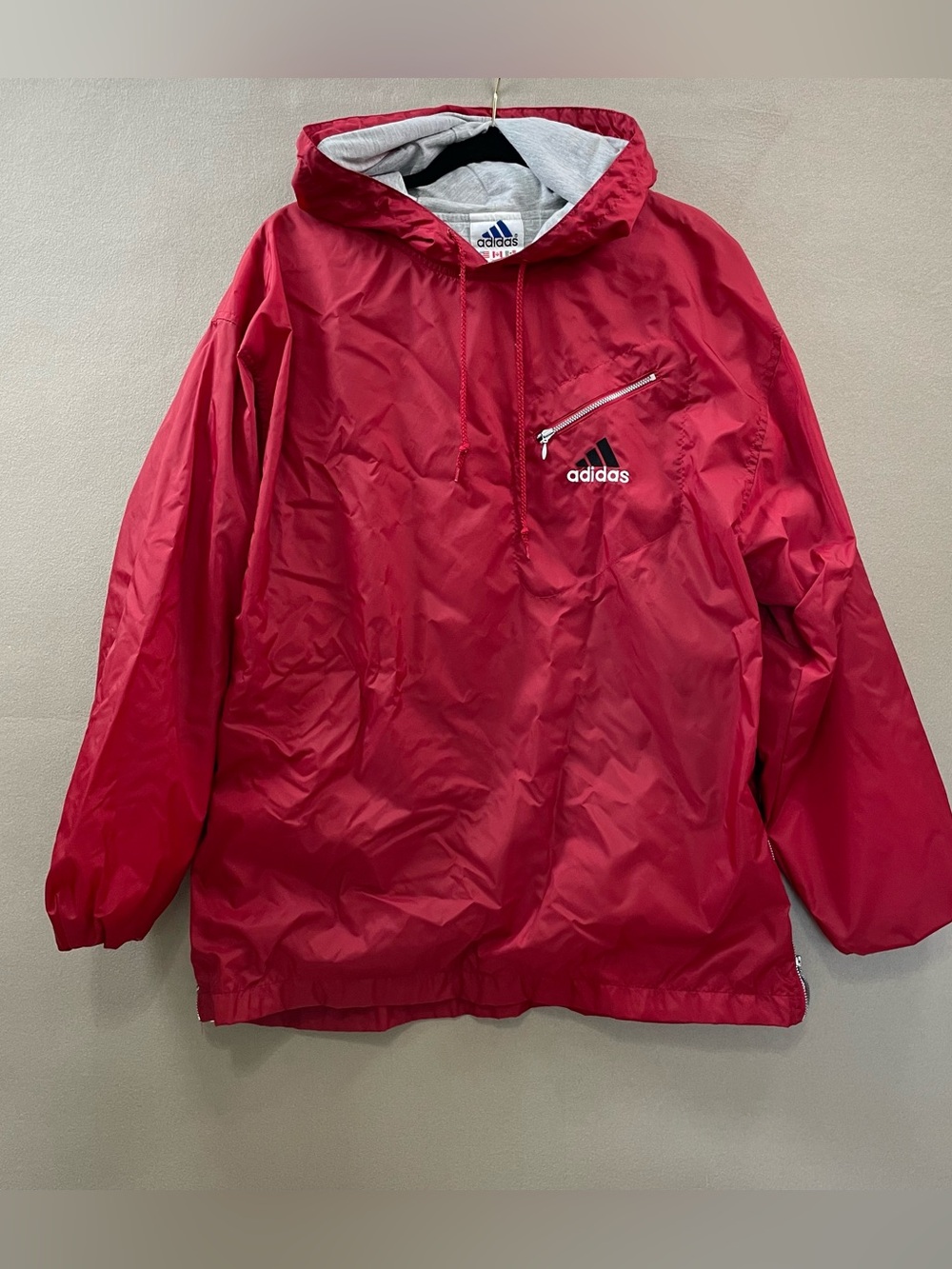 Vtg Adidas Mens Red Hooded Rain windbreaker large Pullover Jacket lined vent
